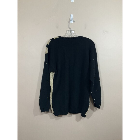 Vintage Womens Beaded Sparkly Diamond Print Wool Angora Sweater M Black Gold 90s - Picture 3 of 5